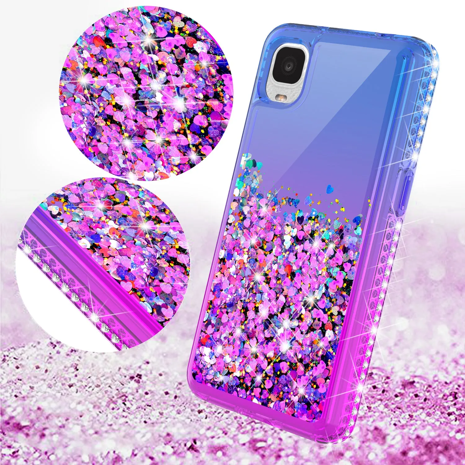 For TCL A3 Case Liquid Glitter Phone Case Waterfall Floating Quicksand Bling Sparkle Cute Protective Girls Women Cover for TCL A3 W/Temper Glass -  (Blue/Purple Gradient)