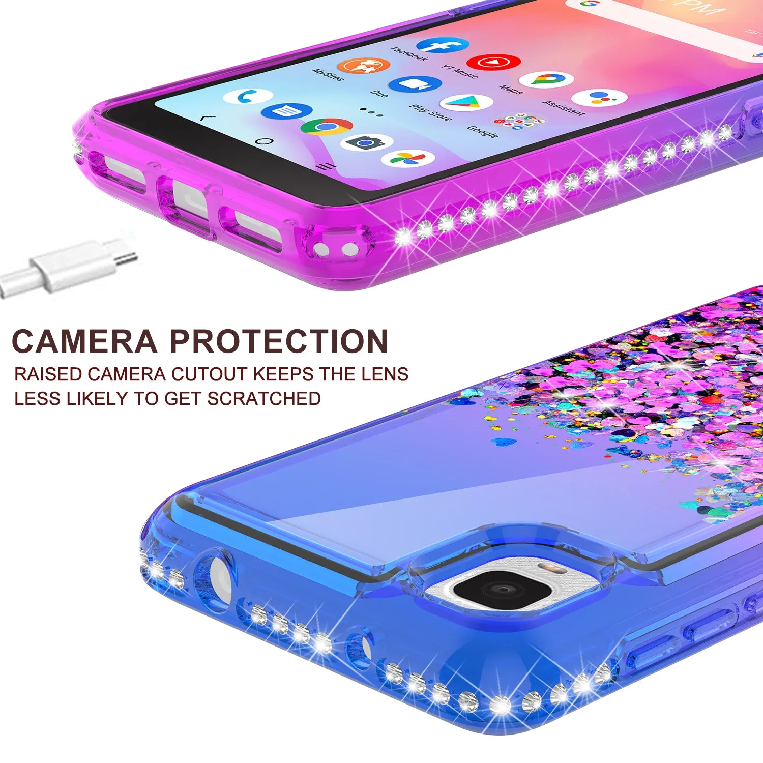 For TCL A3 Case Liquid Glitter Phone Case Waterfall Floating Quicksand Bling Sparkle Cute Protective Girls Women Cover for TCL A3 W/Temper Glass -  (Blue/Purple Gradient)