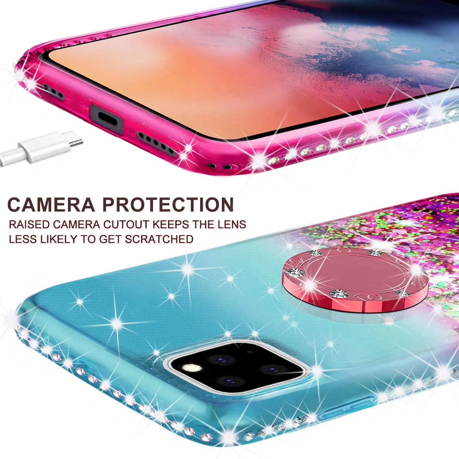 Glitter Phone Case Kickstand Compatible for Apple iPhone 11 Case, iPhone 11 Case,Ring Stand Liquid Floating Quicksand Bling Sparkle Protective Girls Women for Apple iPhone 11 W/Temper Glass - (Teal/Pink Gradient)