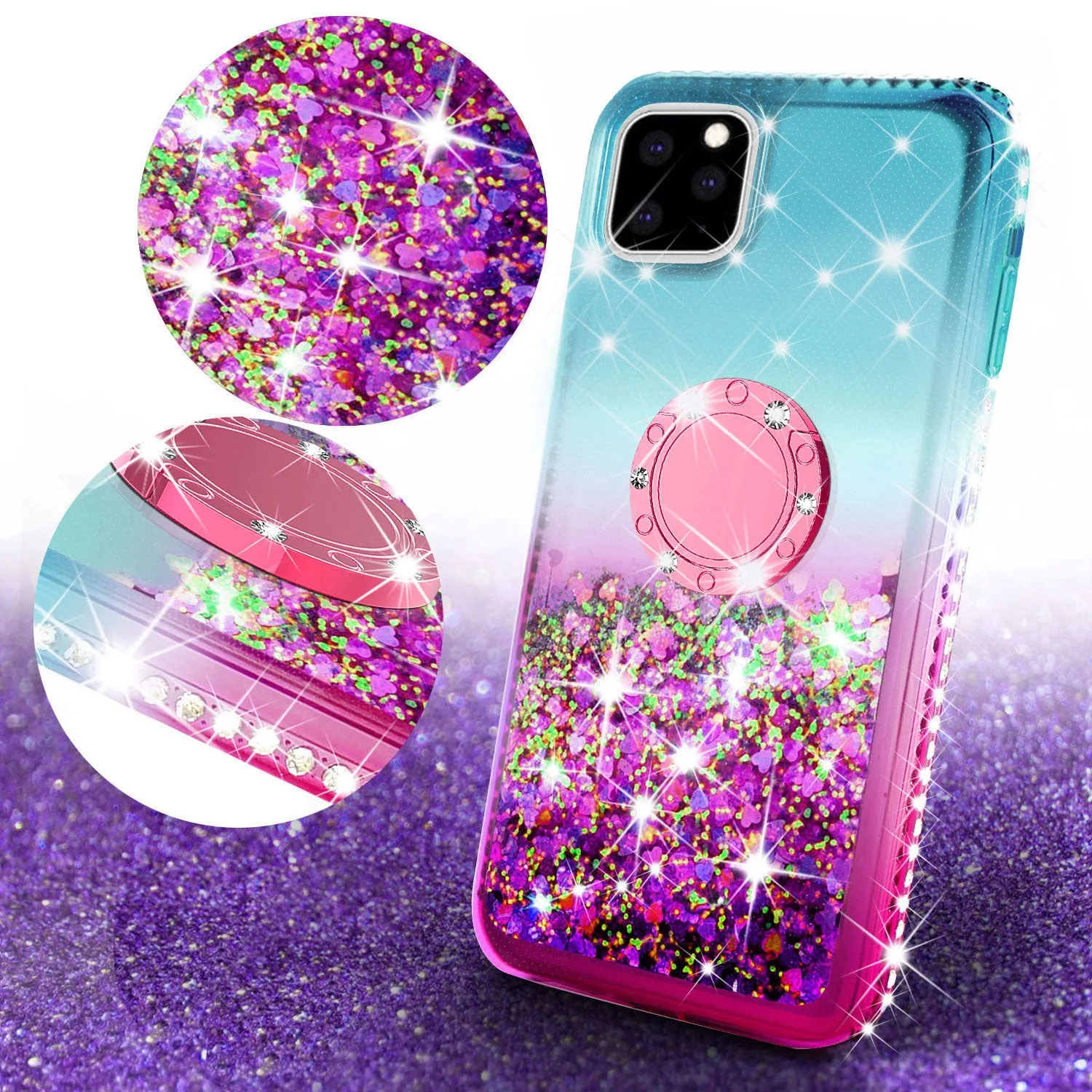 Glitter Phone Case Kickstand Compatible for Apple iPhone 12 Pro Max Case, iPhone 12 Pro Max Case,Ring Stand Liquid Floating Quicksand Bling Sparkle Protective Girls Women for Apple iPhone 12 Pro Max W/Temper Glass - (Teal/Pink Gradient)