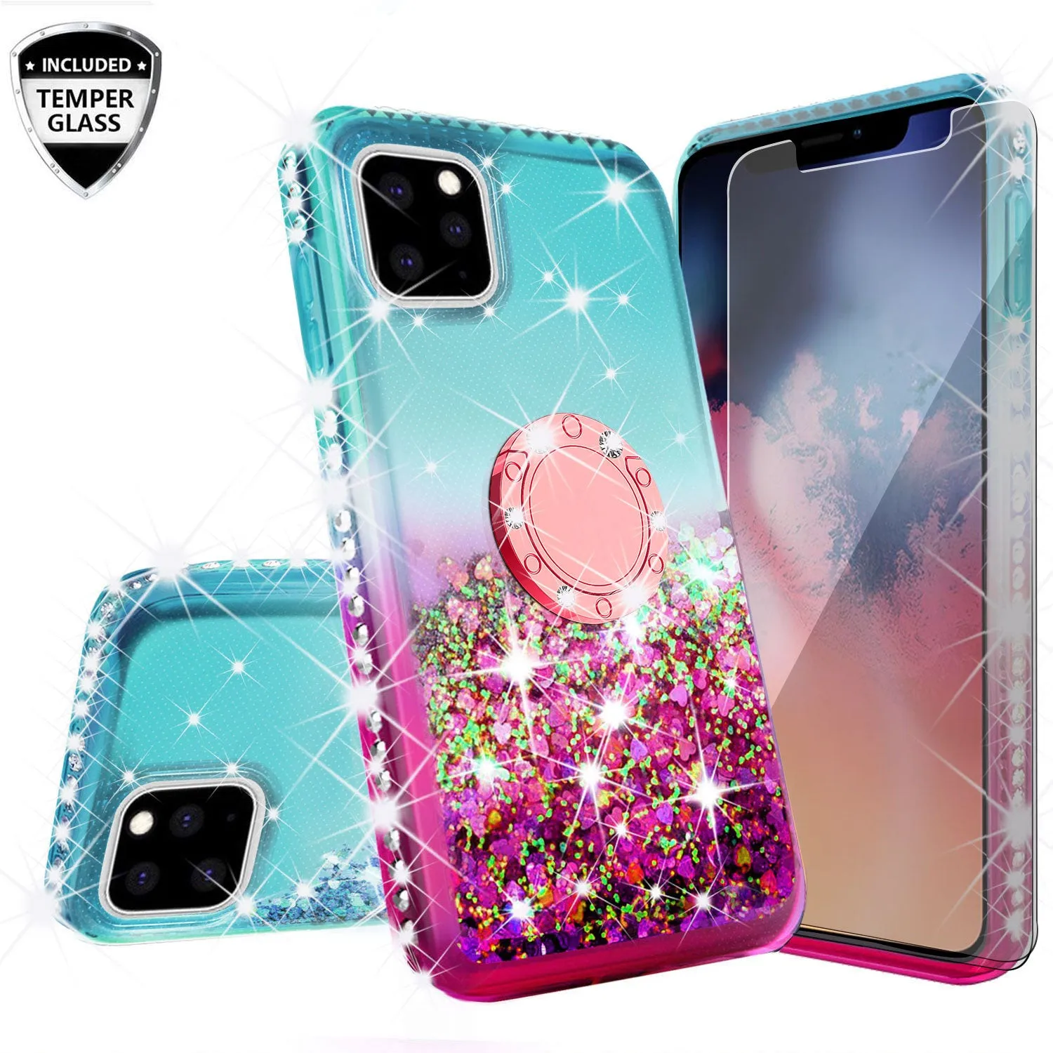 Glitter Phone Case Kickstand Compatible for Apple iPhone 12 Pro Max Case, iPhone 12 Pro Max Case,Ring Stand Liquid Floating Quicksand Bling Sparkle Protective Girls Women for Apple iPhone 12 Pro Max W/Temper Glass - (Teal/Pink Gradient)