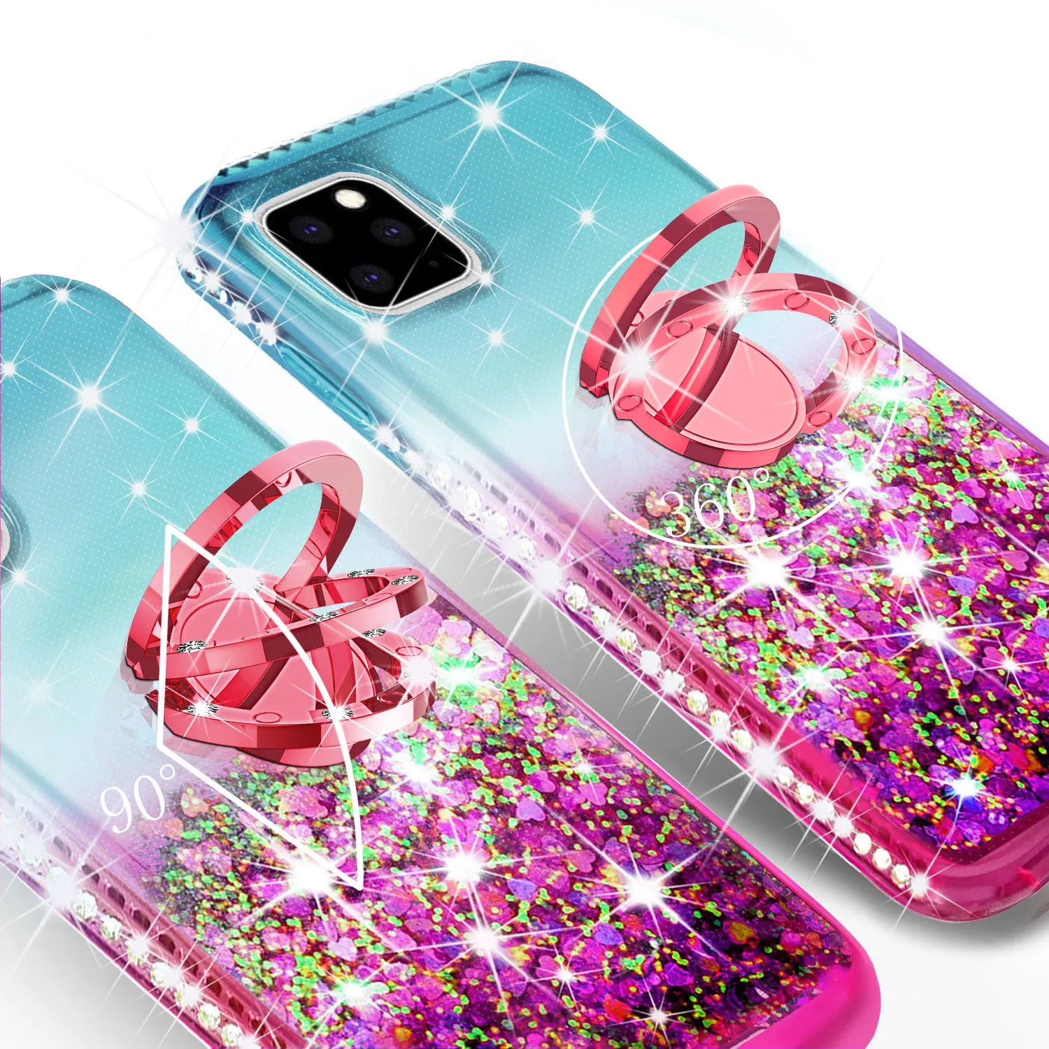 Glitter Phone Case Kickstand Compatible for Apple iPhone 12 Pro Max Case, iPhone 12 Pro Max Case,Ring Stand Liquid Floating Quicksand Bling Sparkle Protective Girls Women for Apple iPhone 12 Pro Max W/Temper Glass - (Teal/Pink Gradient)