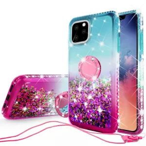 Glitter Phone Case Kickstand Compatible for Apple iPhone 12 Pro Max Case, iPhone 12 Pro Max Case,Ring Stand Liquid Floating Quicksand Bling Sparkle Protective Girls Women for Apple iPhone 12 Pro Max W/Temper Glass - (Teal/Pink Gradient)