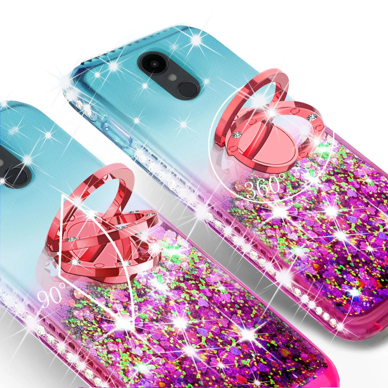 Glitter Phone Case Kickstand Compatible for LG Escape Plus/Arena 2/K30 2019 Case,Ring Stand Liquid Floating Quicksand Bling Sparkle Protective Girls Women for Escape Plus/Arena 2/K30 2019 - (Teal/Pink Gradient)