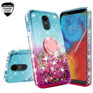 Glitter Phone Case Kickstand Compatible for LG Escape Plus/Arena 2/K30 2019 Case,Ring Stand Liquid Floating Quicksand Bling Sparkle Protective Girls Women for Escape Plus/Arena 2/K30 2019 - (Teal/Pink Gradient)