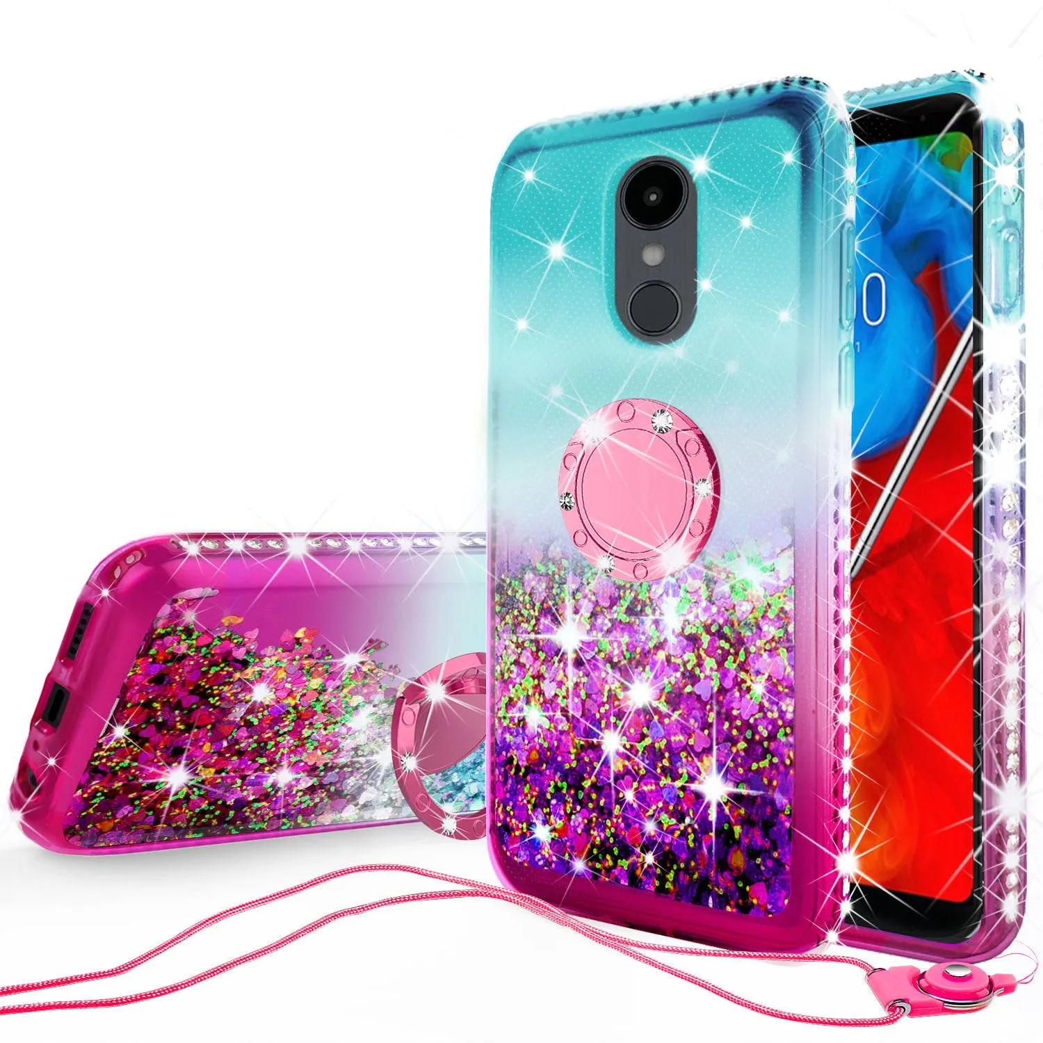Glitter Phone Case Kickstand Compatible for LG Escape Plus/Arena 2/K30 2019 Case,Ring Stand Liquid Floating Quicksand Bling Sparkle Protective Girls Women for Escape Plus/Arena 2/K30 2019 - (Teal/Pink Gradient)