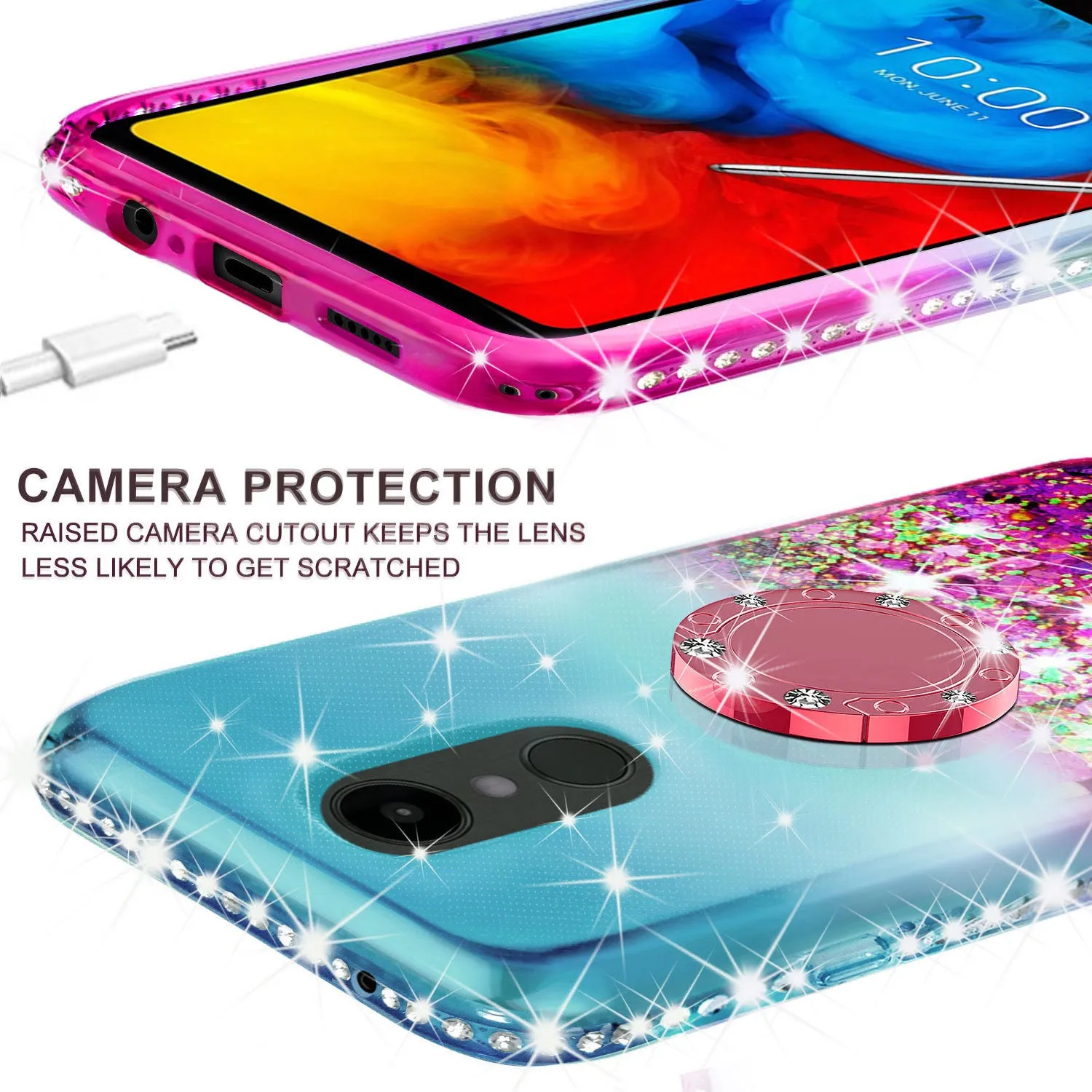 Glitter Phone Case Kickstand Compatible for LG Escape Plus/Arena 2/K30 2019 Case,Ring Stand Liquid Floating Quicksand Bling Sparkle Protective Girls Women for Escape Plus/Arena 2/K30 2019 - (Teal/Pink Gradient)