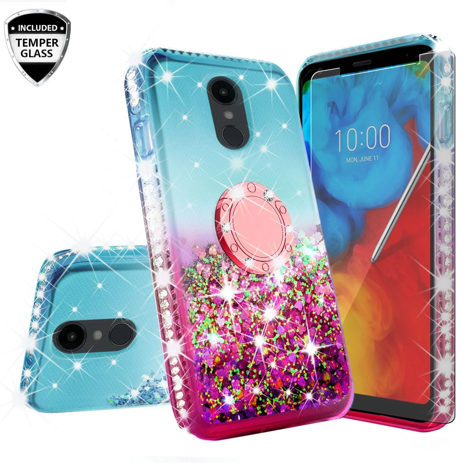Glitter Phone Case Kickstand Compatible for LG Escape Plus/Arena 2/K30 2019 Case,Ring Stand Liquid Floating Quicksand Bling Sparkle Protective Girls Women for Escape Plus/Arena 2/K30 2019 - (Teal/Pink Gradient)
