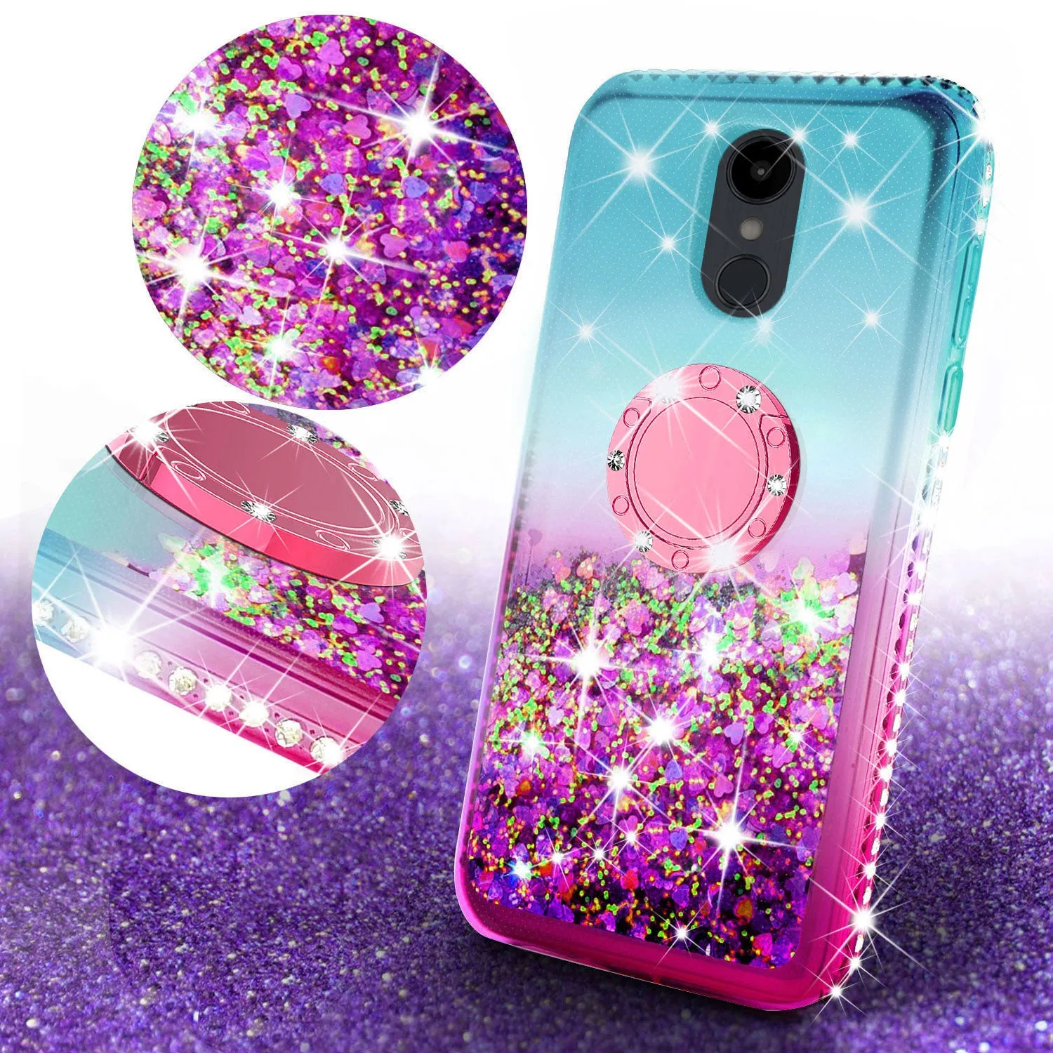Glitter Phone Case Kickstand Compatible for LG Escape Plus/Arena 2/K30 2019 Case,Ring Stand Liquid Floating Quicksand Bling Sparkle Protective Girls Women for Escape Plus/Arena 2/K30 2019 - (Teal/Pink Gradient)