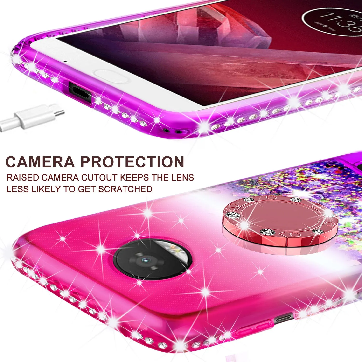Glitter Phone Case Kickstand Compatible for Motorola Moto Z2 Play, Moto Z2 Play Case,Ring Stand Liquid Floating Quicksand Bling Sparkle Protective Girls Women for Moto Z2 Play - (Pink Gradient)