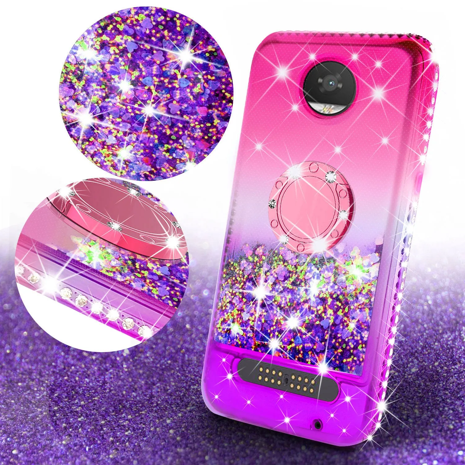 Glitter Phone Case Kickstand Compatible for Motorola Moto Z2 Play, Moto Z2 Play Case,Ring Stand Liquid Floating Quicksand Bling Sparkle Protective Girls Women for Moto Z2 Play - (Pink Gradient)