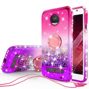 Glitter Phone Case Kickstand Compatible for Motorola Moto Z2 Play, Moto Z2 Play Case,Ring Stand Liquid Floating Quicksand Bling Sparkle Protective Girls Women for Moto Z2 Play - (Pink Gradient)