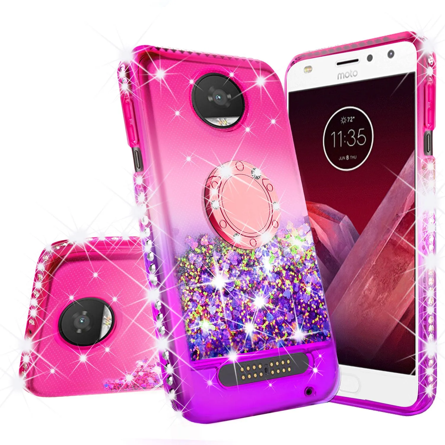 Glitter Phone Case Kickstand Compatible for Motorola Moto Z2 Play, Moto Z2 Play Case,Ring Stand Liquid Floating Quicksand Bling Sparkle Protective Girls Women for Moto Z2 Play - (Pink Gradient)