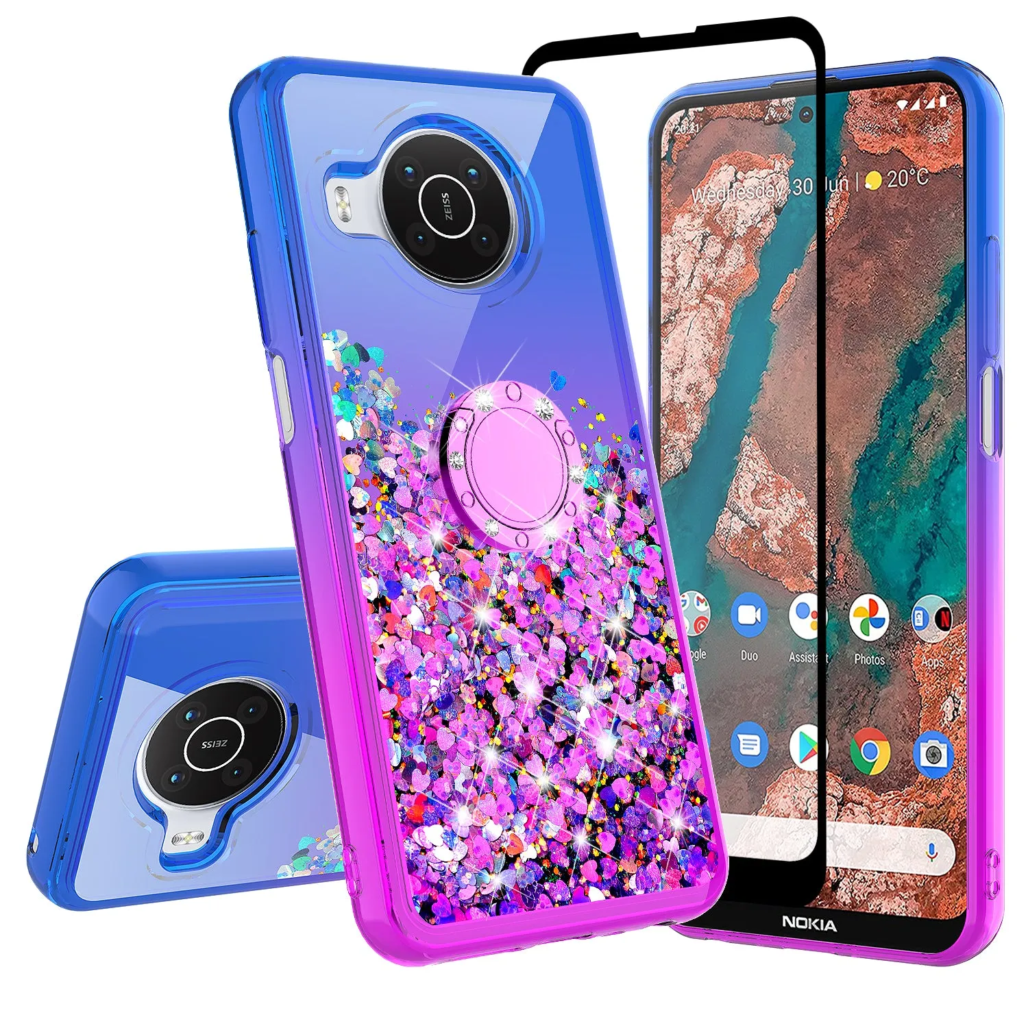 Glitter Phone Case Kickstand Compatible for Nokia X100 Case, Nokia X100 Case,Ring Stand Liquid Floating Quicksand Bling Sparkle Protective Girls Women for Nokia X100 W/Temper Glass - (Blue/Purple Gradient)