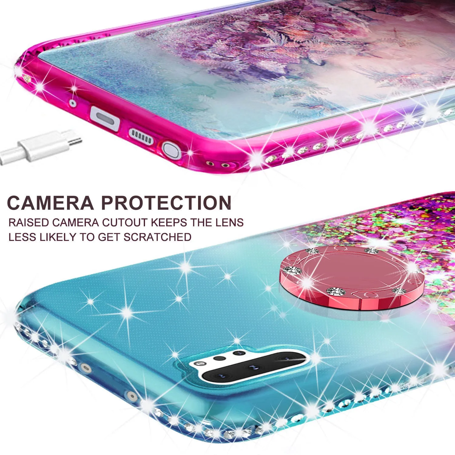 Glitter Phone Case Kickstand Compatible for Samsung Galaxy Note 10 Case, Galaxy Note 10 Case,Ring Stand Liquid Floating Quicksand Bling Sparkle Protective Girls Women for Samsung Galaxy Note 10 W/Temper Glass - (Teal/Pink Gradient)