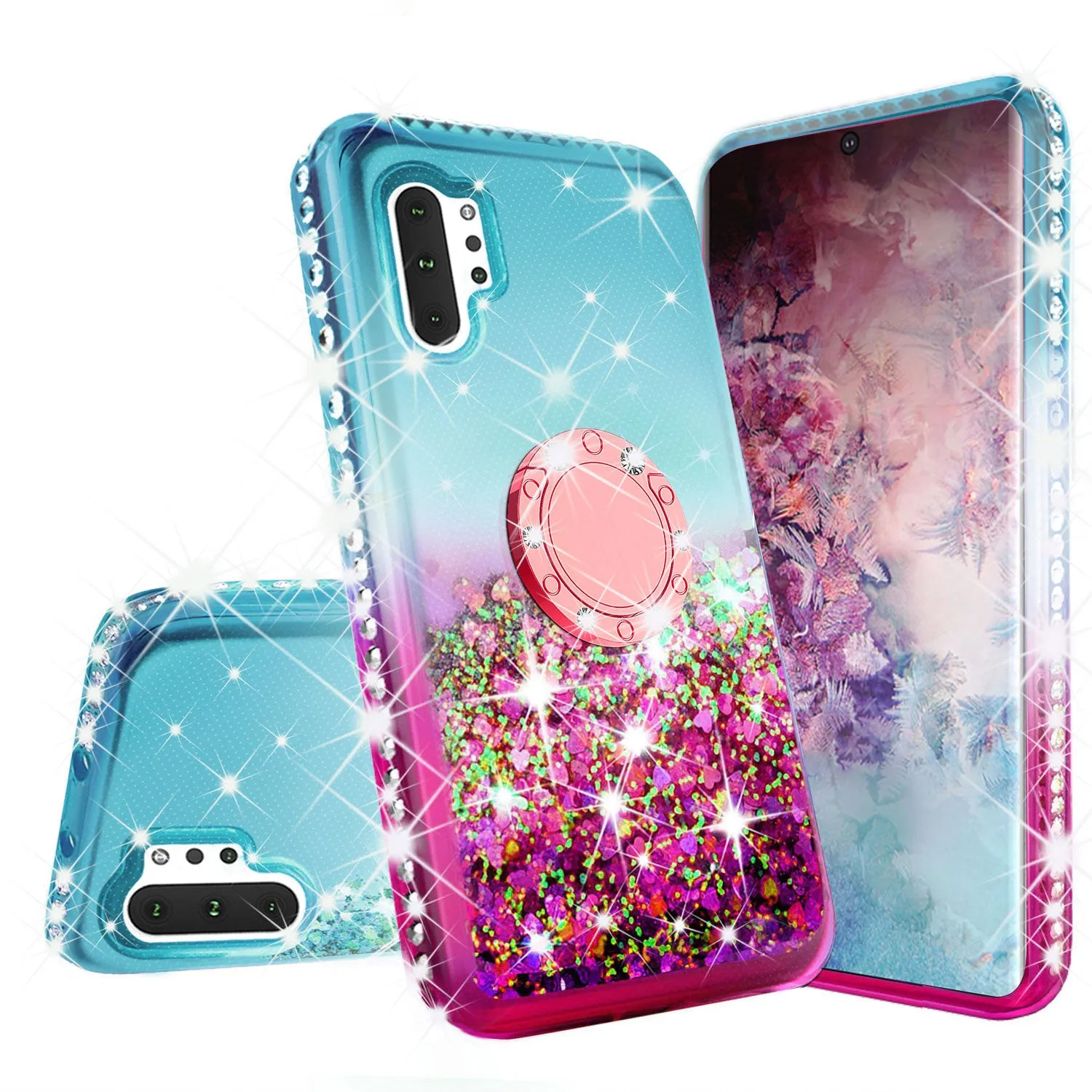 Glitter Phone Case Kickstand Compatible for Samsung Galaxy Note 10 Case, Galaxy Note 10 Case,Ring Stand Liquid Floating Quicksand Bling Sparkle Protective Girls Women for Samsung Galaxy Note 10 W/Temper Glass - (Teal/Pink Gradient)