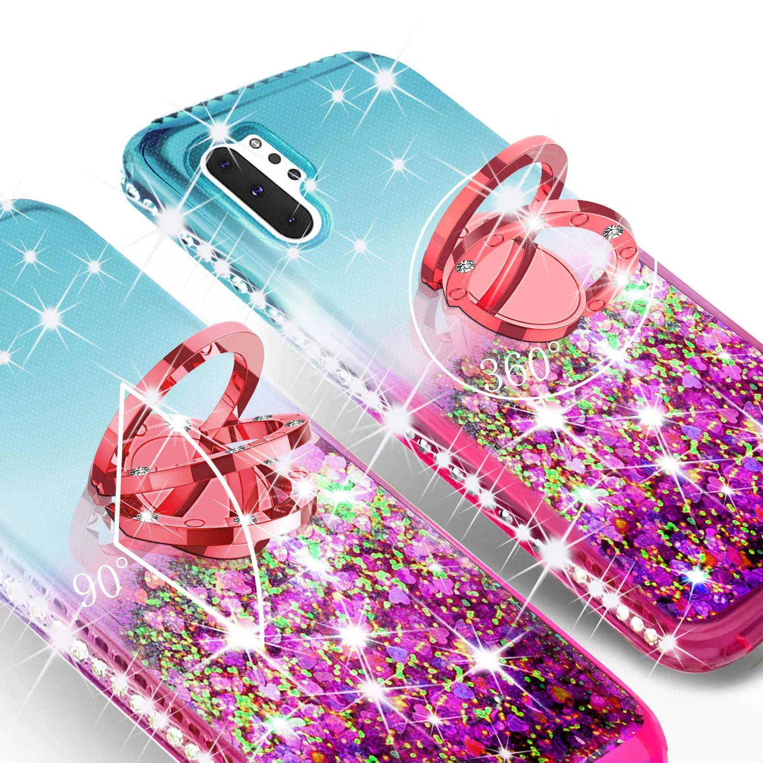 Glitter Phone Case Kickstand Compatible for Samsung Galaxy Note 10 Case, Galaxy Note 10 Case,Ring Stand Liquid Floating Quicksand Bling Sparkle Protective Girls Women for Samsung Galaxy Note 10 W/Temper Glass - (Teal/Pink Gradient)