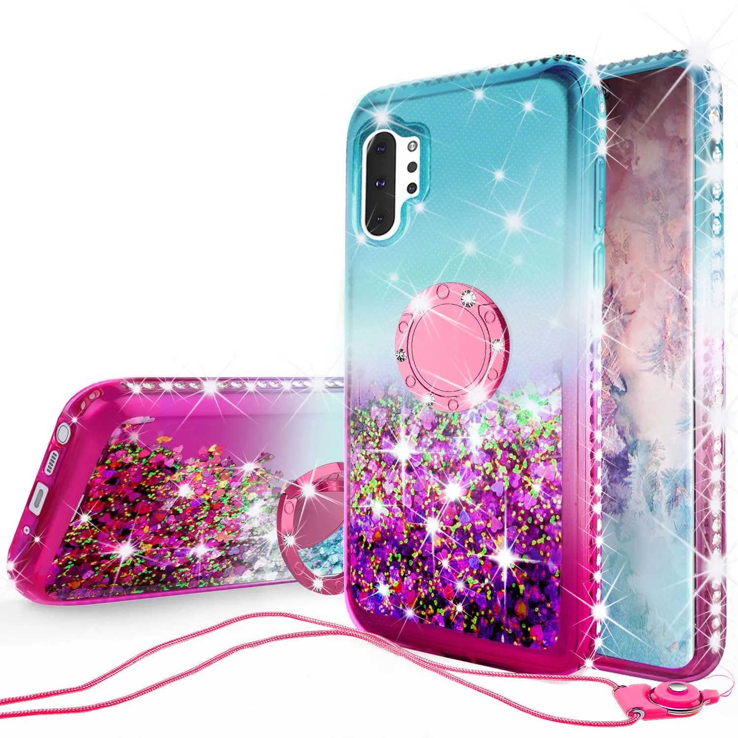 Glitter Phone Case Kickstand Compatible for Samsung Galaxy Note 10 Case, Galaxy Note 10 Case,Ring Stand Liquid Floating Quicksand Bling Sparkle Protective Girls Women for Samsung Galaxy Note 10 W/Temper Glass - (Teal/Pink Gradient)