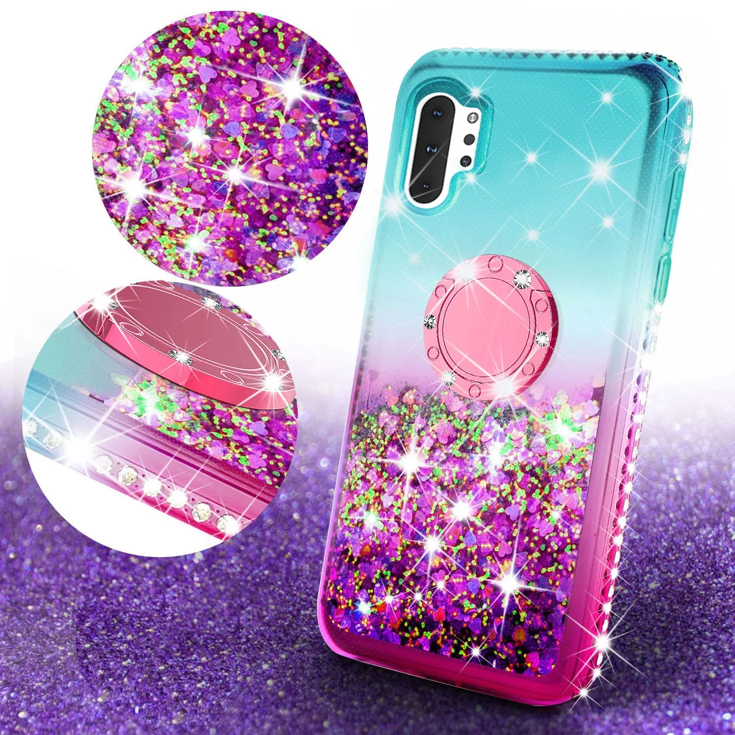 Glitter Phone Case Kickstand Compatible for Samsung Galaxy Note 10 Case, Galaxy Note 10 Case,Ring Stand Liquid Floating Quicksand Bling Sparkle Protective Girls Women for Samsung Galaxy Note 10 W/Temper Glass - (Teal/Pink Gradient)