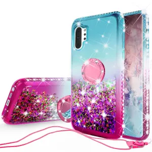 Glitter Phone Case Kickstand Compatible for Samsung Galaxy Note 10 Case, Galaxy Note 10 Case,Ring Stand Liquid Floating Quicksand Bling Sparkle Protective Girls Women for Samsung Galaxy Note 10 W/Temper Glass - (Teal/Pink Gradient)