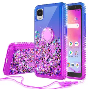 Glitter Phone Case Kickstand Compatible for TCL A3 Case, TCL A3 Case,Ring Stand Liquid Floating Quicksand Bling Sparkle Protective Girls Women for TCL A3 W/Temper Glass - (Blue/Purple Gradient)