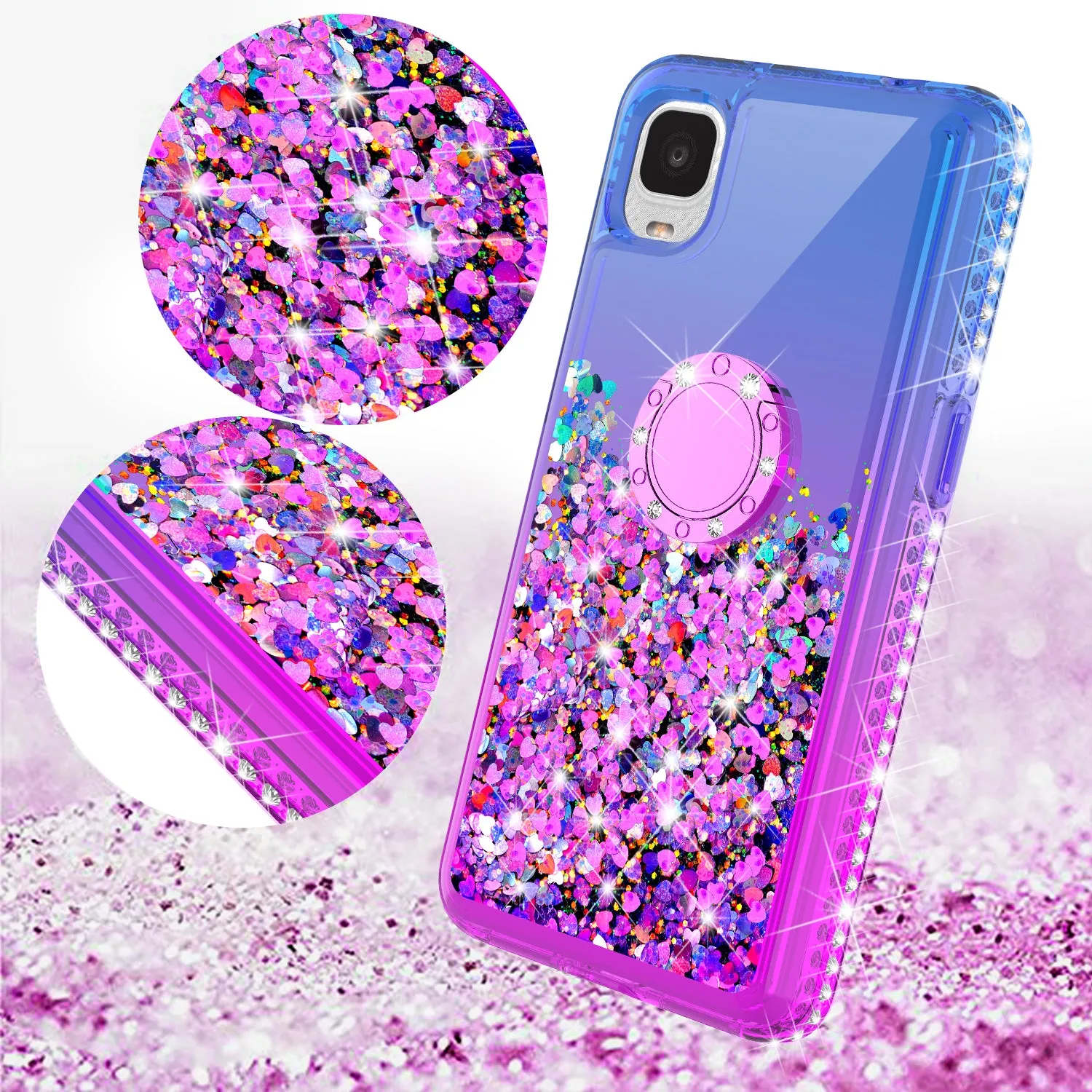 Glitter Phone Case Kickstand Compatible for TCL A3 Case, TCL A3 Case,Ring Stand Liquid Floating Quicksand Bling Sparkle Protective Girls Women for TCL A3 W/Temper Glass - (Blue/Purple Gradient)