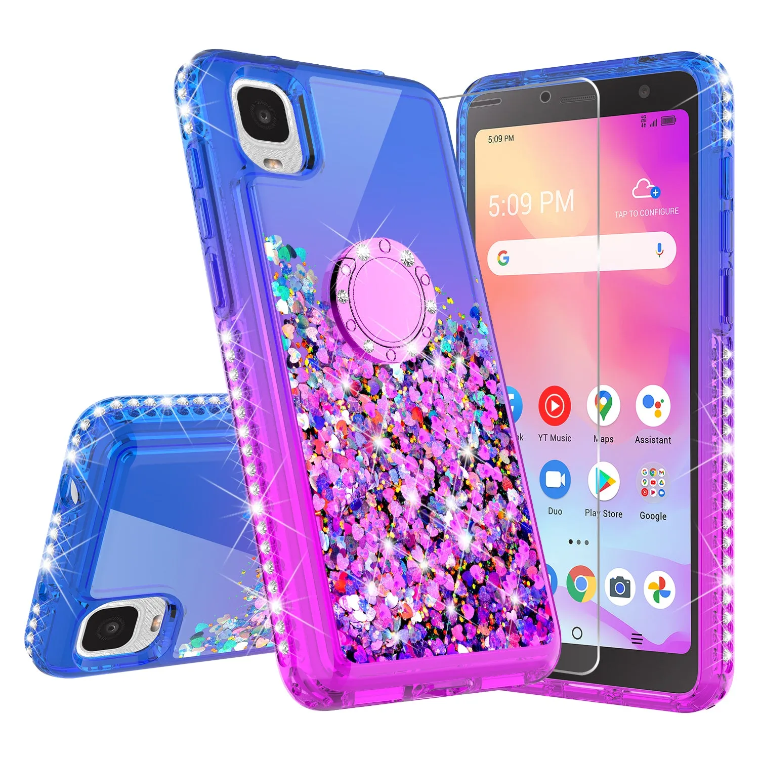 Glitter Phone Case Kickstand Compatible for TCL A3 Case, TCL A3 Case,Ring Stand Liquid Floating Quicksand Bling Sparkle Protective Girls Women for TCL A3 W/Temper Glass - (Blue/Purple Gradient)