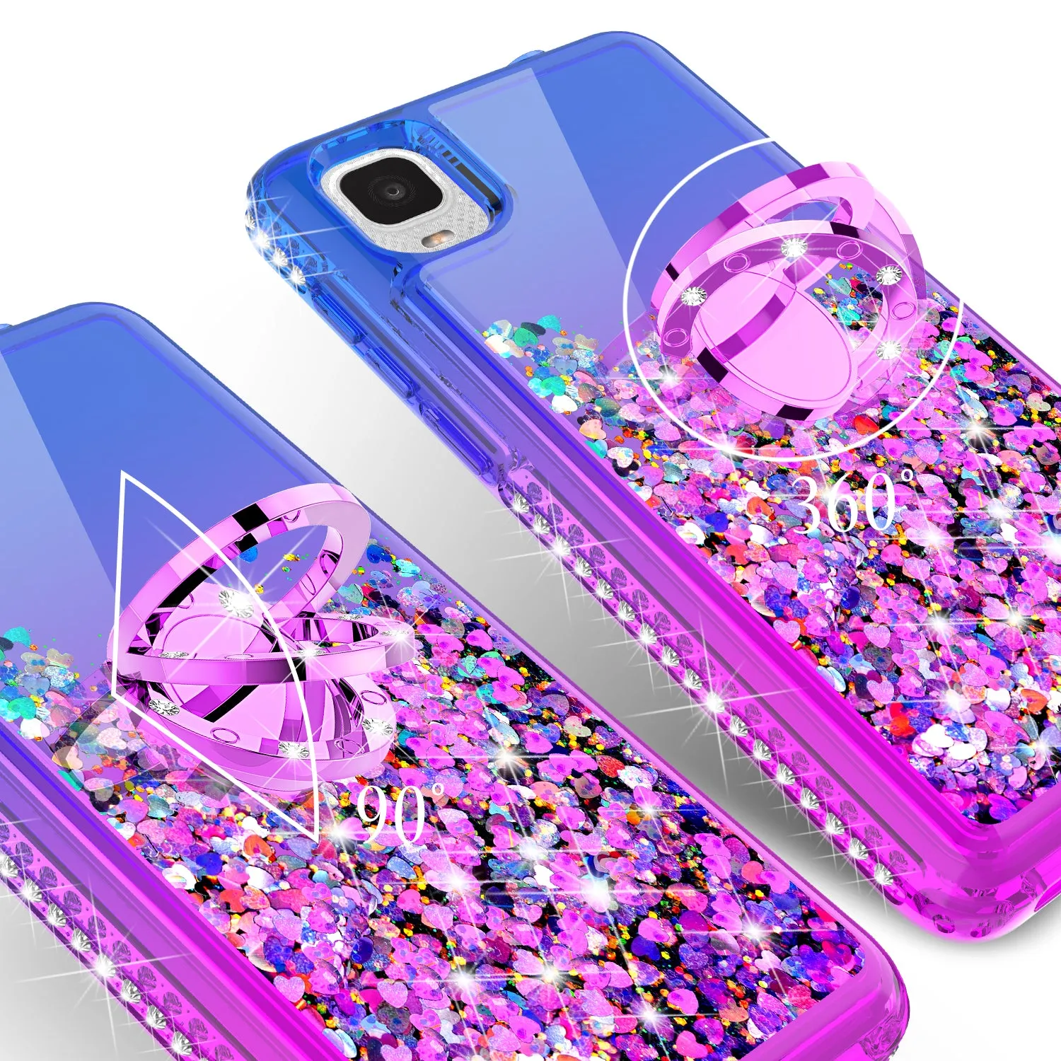 Glitter Phone Case Kickstand Compatible for TCL A3 Case, TCL A3 Case,Ring Stand Liquid Floating Quicksand Bling Sparkle Protective Girls Women for TCL A3 W/Temper Glass - (Blue/Purple Gradient)