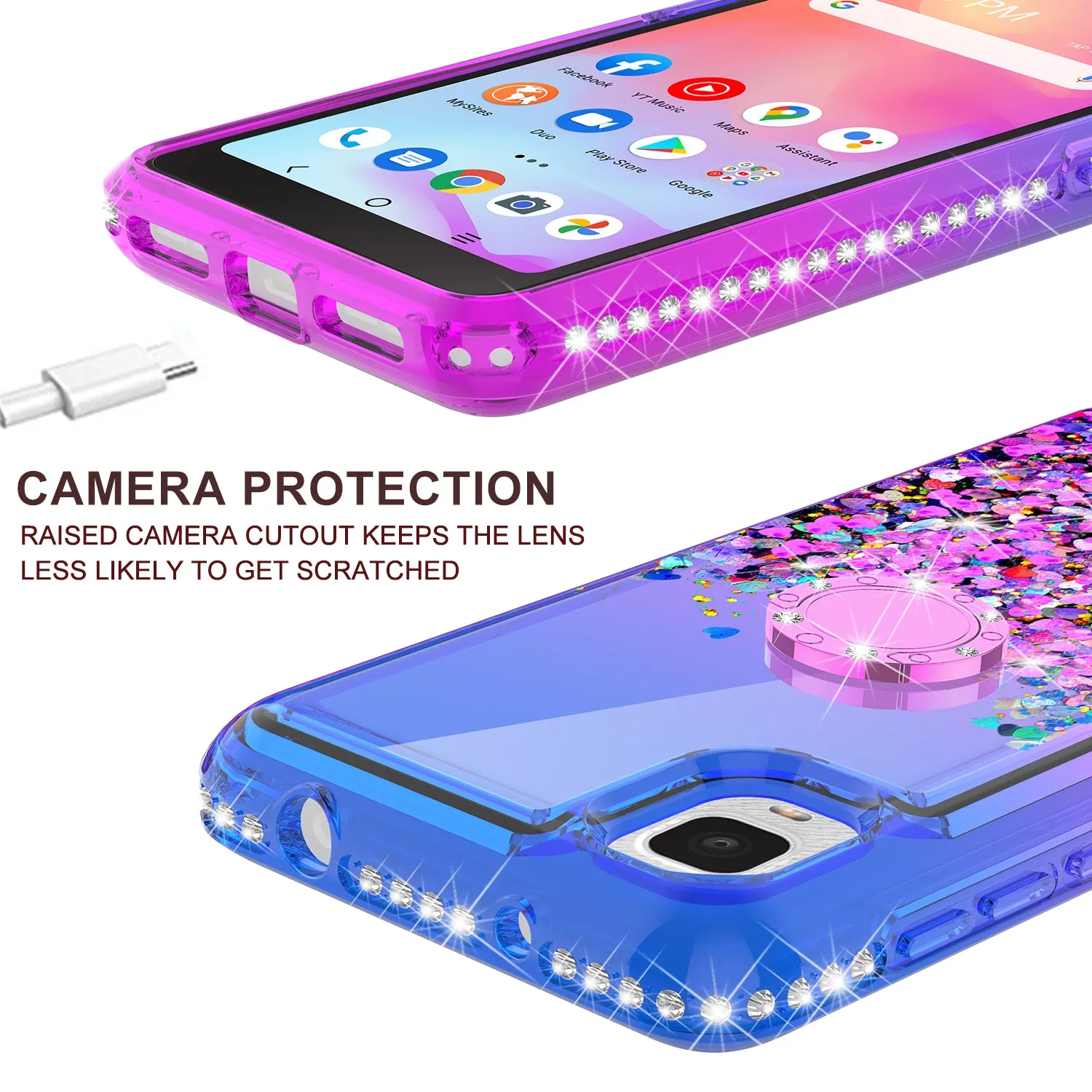 Glitter Phone Case Kickstand Compatible for TCL A3 Case, TCL A3 Case,Ring Stand Liquid Floating Quicksand Bling Sparkle Protective Girls Women for TCL A3 W/Temper Glass - (Blue/Purple Gradient)
