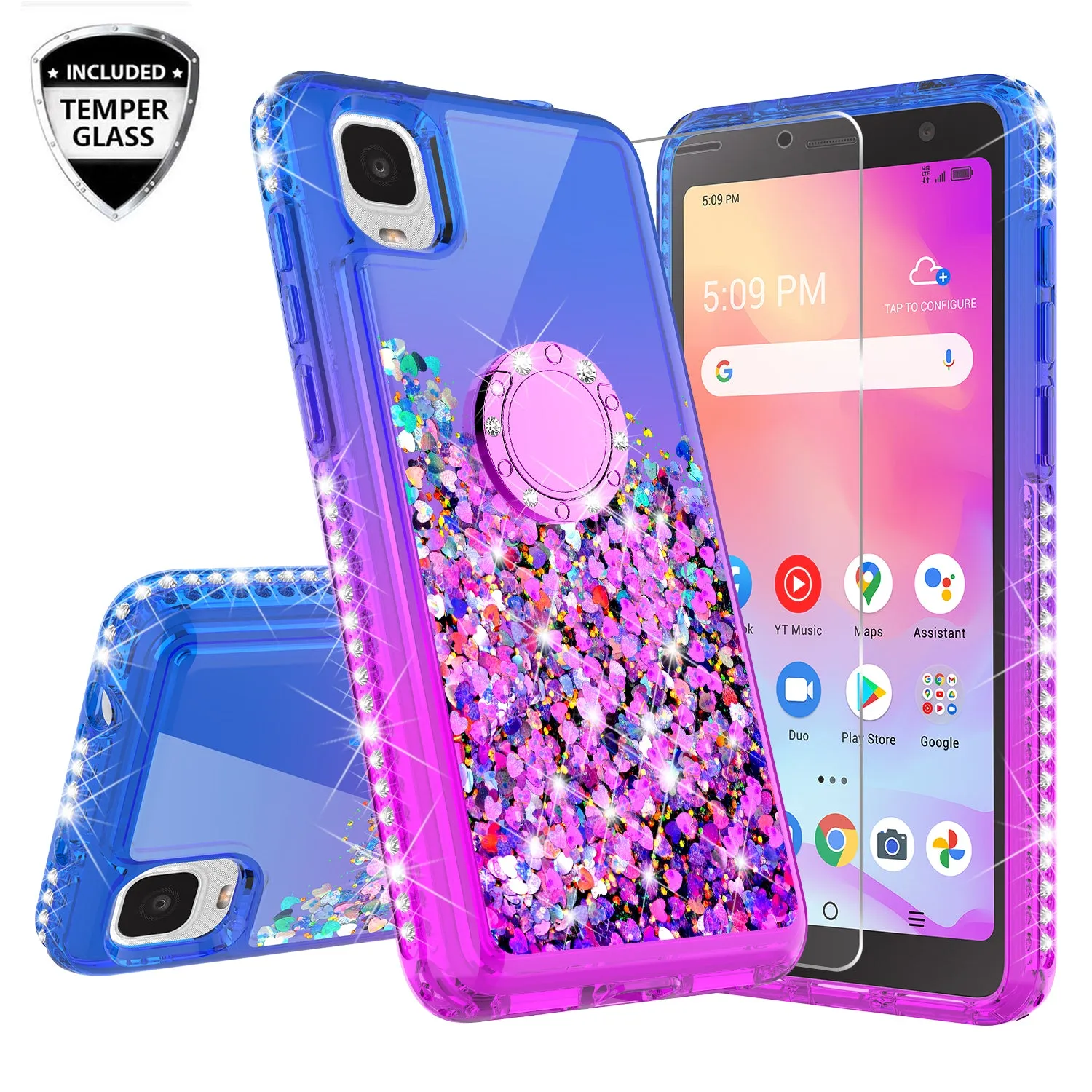 Glitter Phone Case Kickstand Compatible for TCL A3 Case, TCL A3 Case,Ring Stand Liquid Floating Quicksand Bling Sparkle Protective Girls Women for TCL A3 W/Temper Glass - (Blue/Purple Gradient)