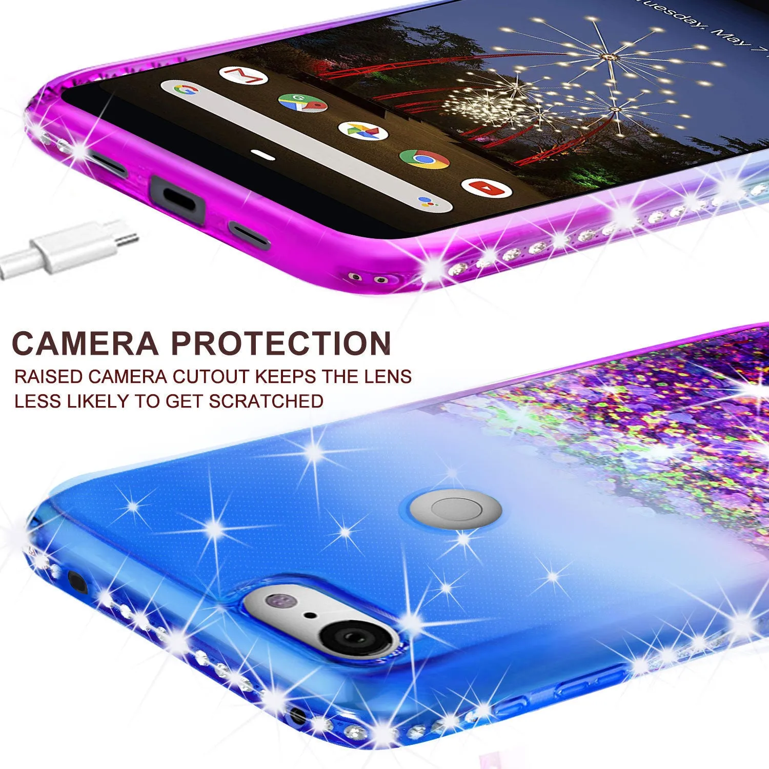 Google Pixel 3a Case Liquid Glitter Phone Case Waterfall Floating Quicksand Bling Sparkle Cute Protective Girls Women Cover for Pixel 3a W/Temper Glass- (Blue/Purple Gradient)