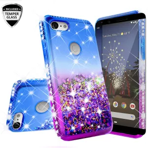 Google Pixel 3a Case Liquid Glitter Phone Case Waterfall Floating Quicksand Bling Sparkle Cute Protective Girls Women Cover for Pixel 3a W/Temper Glass- (Blue/Purple Gradient)