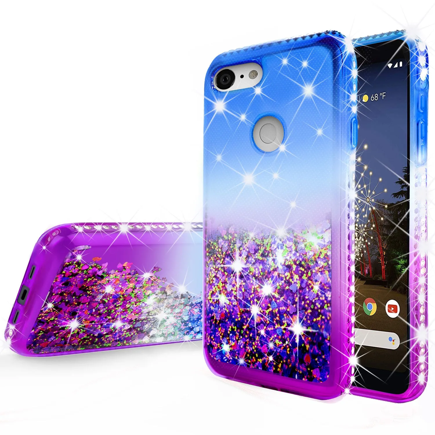 Google Pixel 3a Case Liquid Glitter Phone Case Waterfall Floating Quicksand Bling Sparkle Cute Protective Girls Women Cover for Pixel 3a W/Temper Glass- (Blue/Purple Gradient)