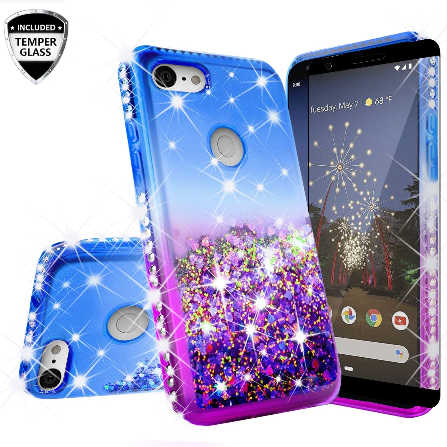 Google Pixel 3a Case Liquid Glitter Phone Case Waterfall Floating Quicksand Bling Sparkle Cute Protective Girls Women Cover for Pixel 3a W/Temper Glass- (Blue/Purple Gradient)