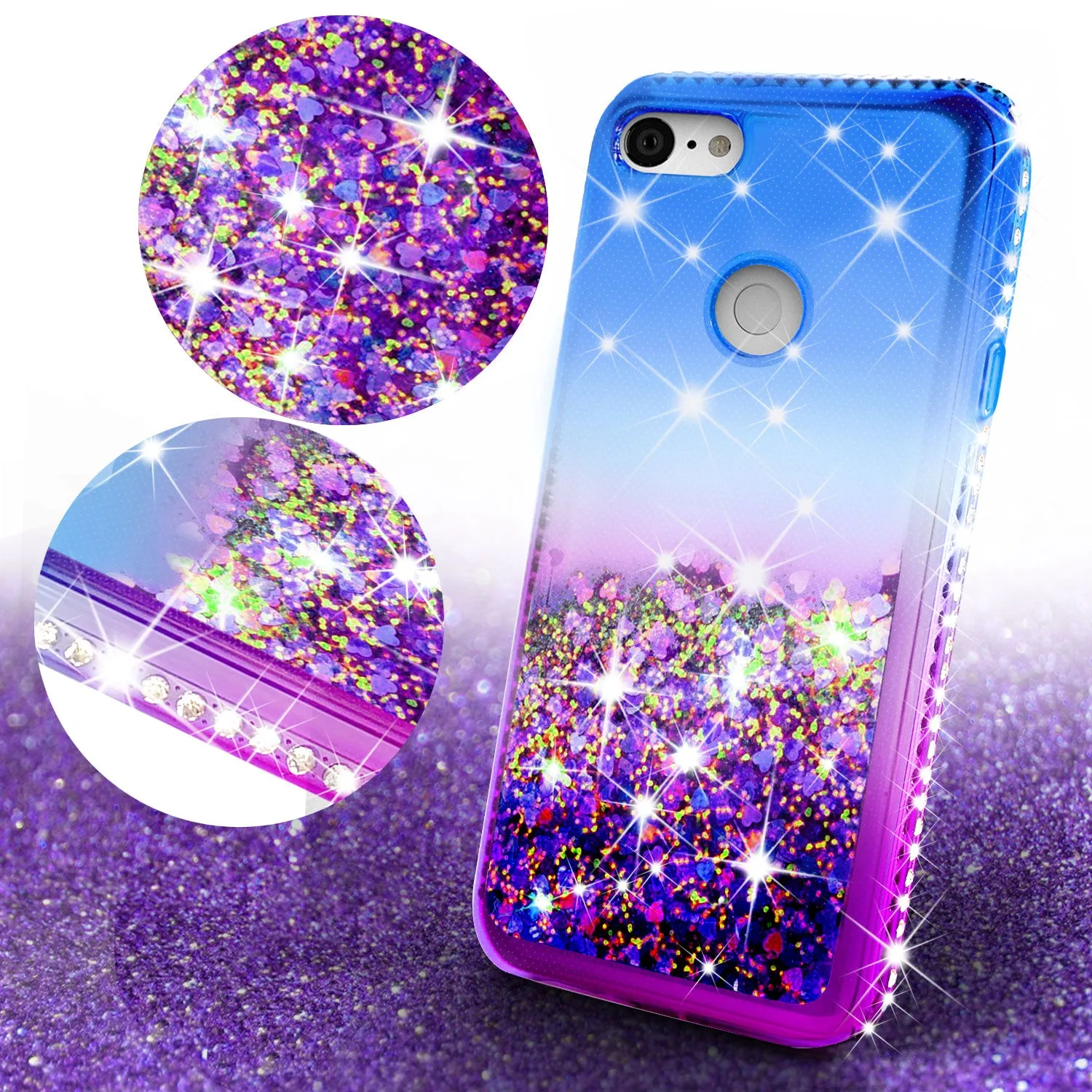 Google Pixel 3a Case Liquid Glitter Phone Case Waterfall Floating Quicksand Bling Sparkle Cute Protective Girls Women Cover for Pixel 3a W/Temper Glass- (Blue/Purple Gradient)