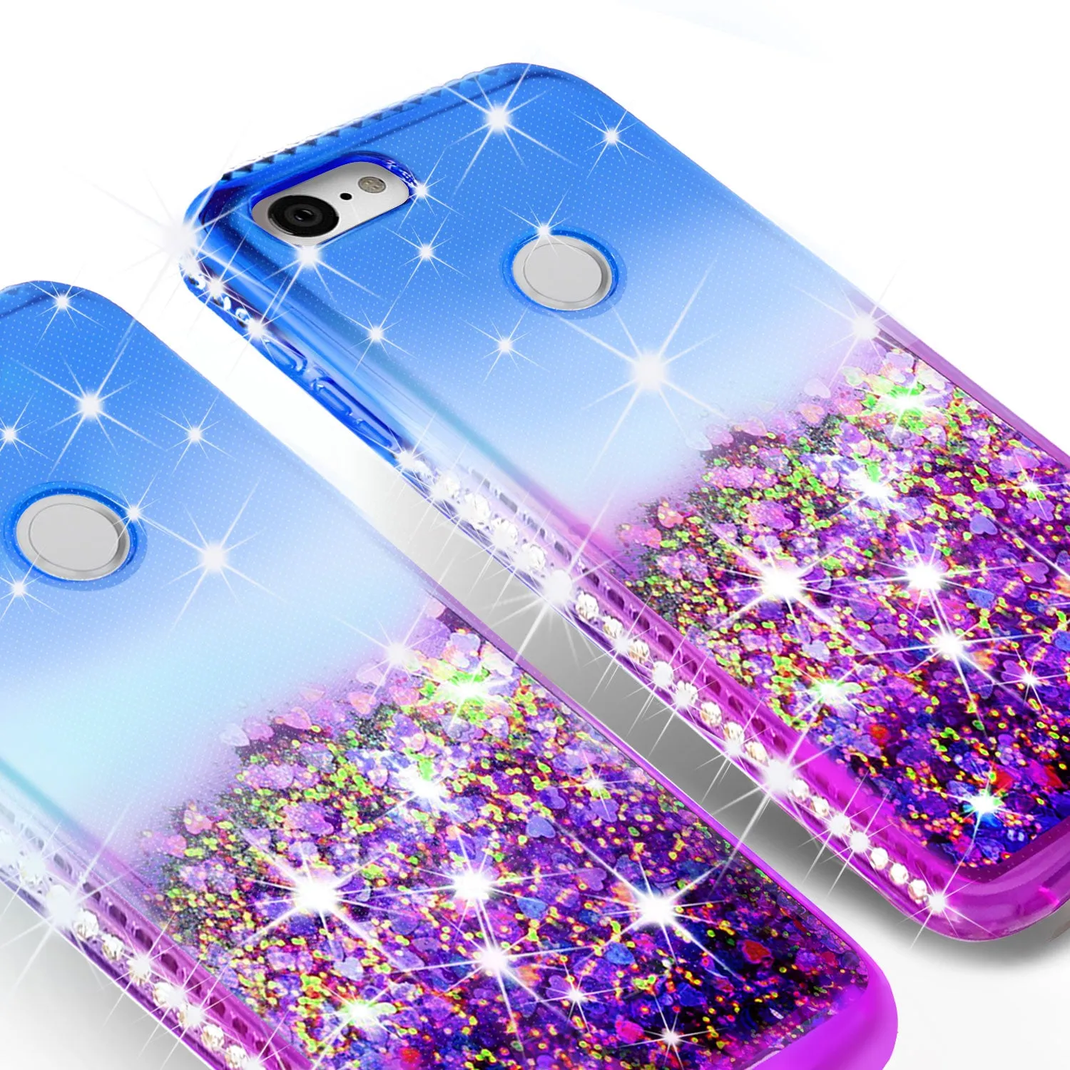 Google Pixel 3a Case Liquid Glitter Phone Case Waterfall Floating Quicksand Bling Sparkle Cute Protective Girls Women Cover for Pixel 3a W/Temper Glass- (Blue/Purple Gradient)