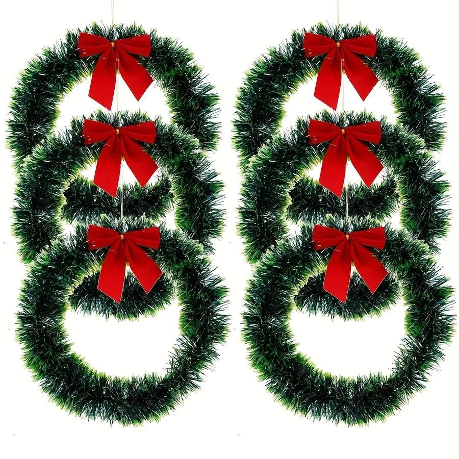 kkboxly 6pcs Christmas Wreaths with Red Bows - Classic PET Holiday Decor for Front Door, Wall & Kitchen - No Power Needed, Featherless Home & Window Accents