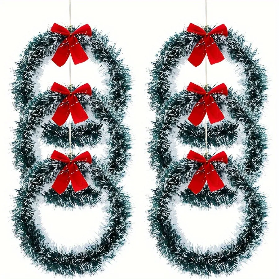 kkboxly 6pcs Christmas Wreaths with Red Bows - Classic PET Holiday Decor for Front Door, Wall & Kitchen - No Power Needed, Featherless Home & Window Accents
