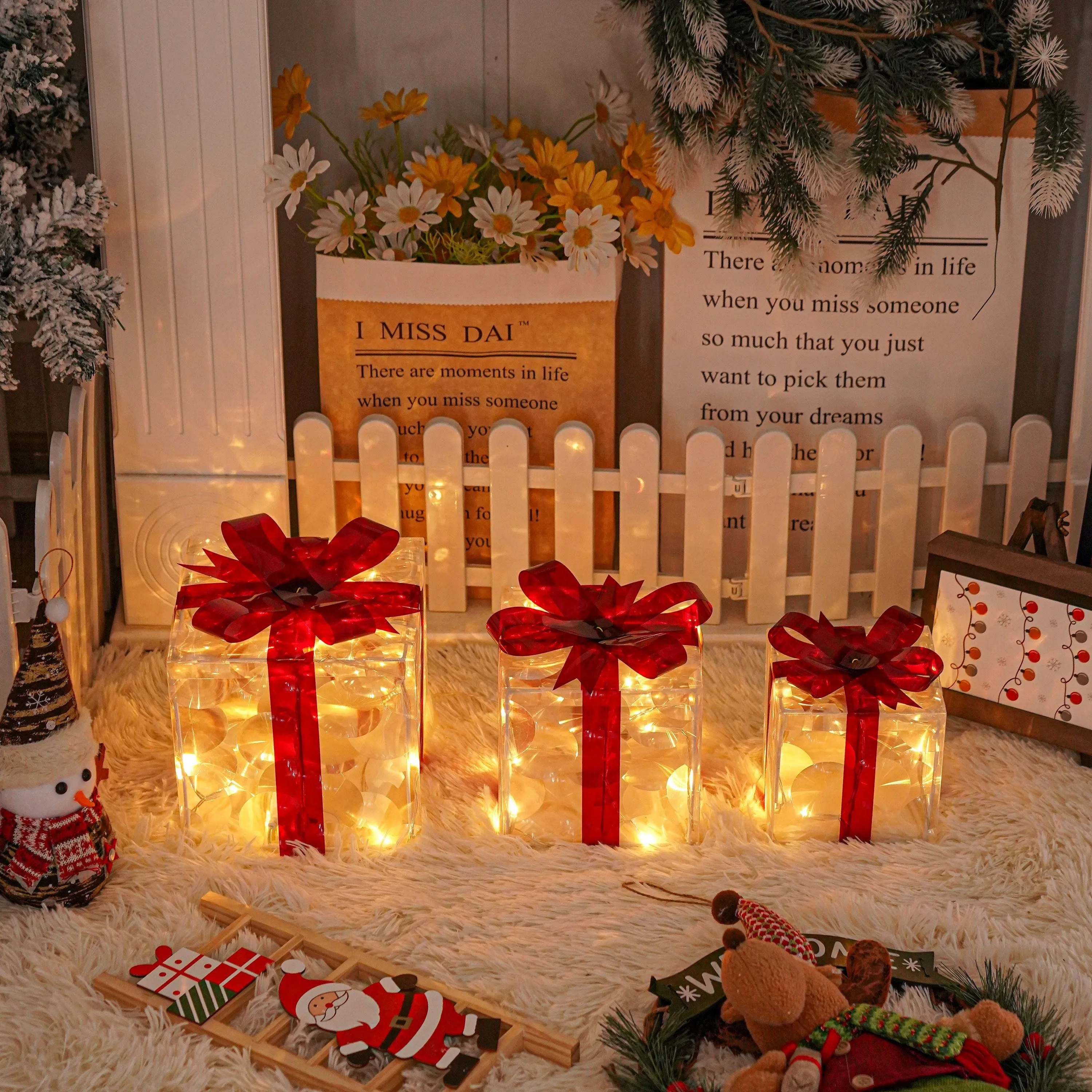 kkboxly Set Of 3 ChristmasLighted Gift Boxes, Transparent Warm White Lighted Christmas Box Decrations, Presents Boxs With Red Bows For Christams Tree, Yard, Home, Christams Outdoor Decoration