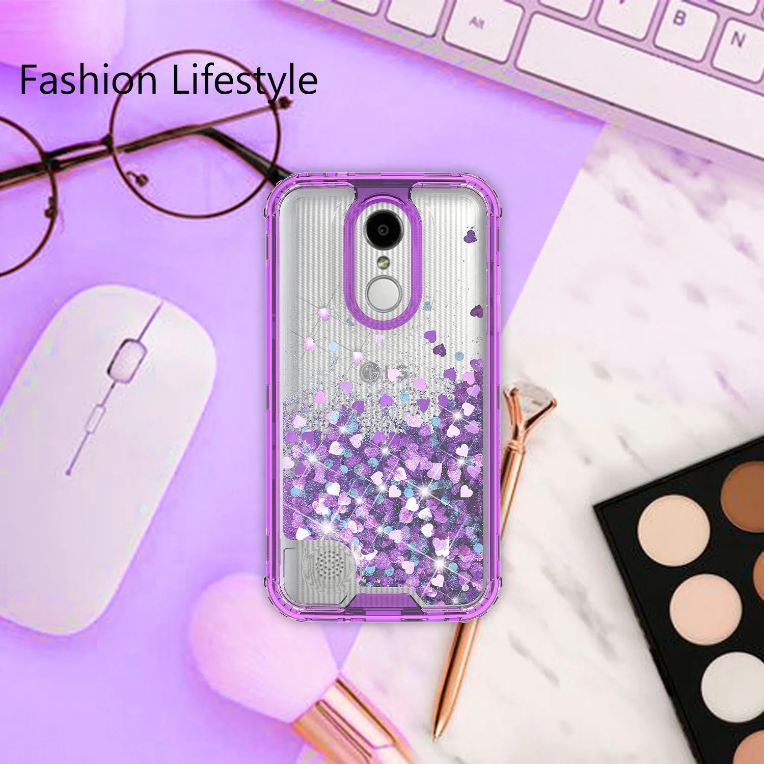 LG Aristo 2 Plus Case, Aristo 2, LG Tribute Dynasty, Rebel 3, Zone 4, LV3 2018 Case,Hard Clear Glitter Sparkle Flowing Liquid Heavy Duty Shockproof Three Layer Protective Bling Girls Women Cases for LG Aristo 2 - Purple