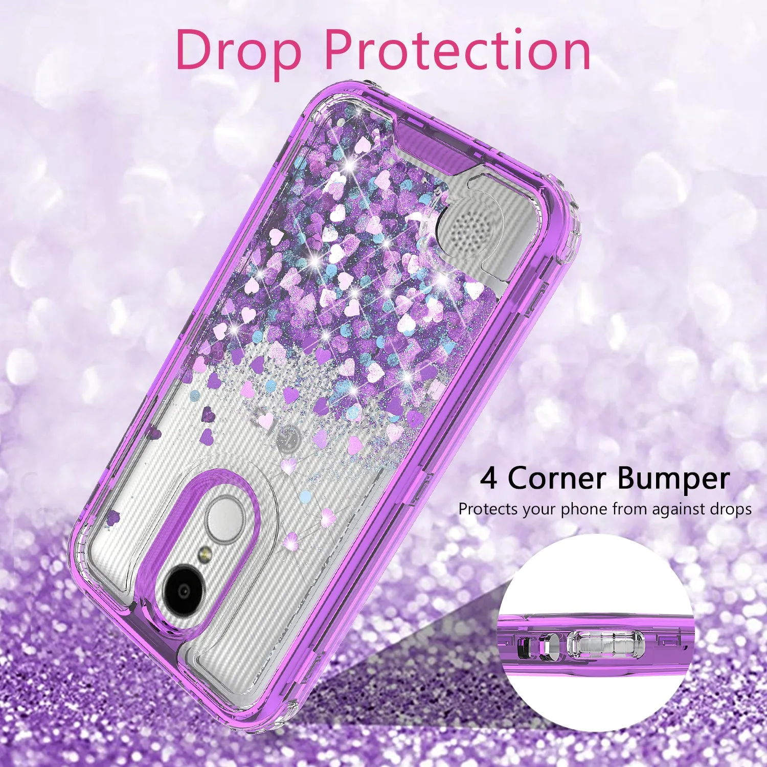 LG Aristo 2 Plus Case, Aristo 2, LG Tribute Dynasty, Rebel 3, Zone 4, LV3 2018 Case,Hard Clear Glitter Sparkle Flowing Liquid Heavy Duty Shockproof Three Layer Protective Bling Girls Women Cases for LG Aristo 2 - Purple