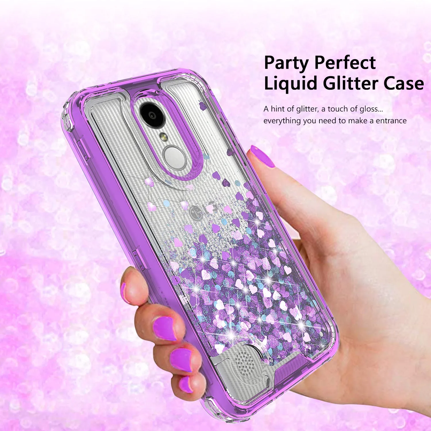 LG Aristo 2 Plus Case, Aristo 2, LG Tribute Dynasty, Rebel 3, Zone 4, LV3 2018 Case,Hard Clear Glitter Sparkle Flowing Liquid Heavy Duty Shockproof Three Layer Protective Bling Girls Women Cases for LG Aristo 2 - Purple