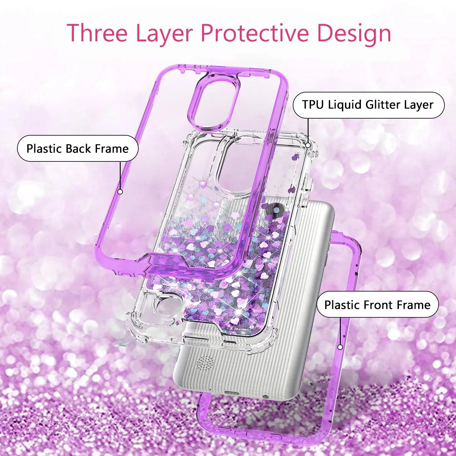 LG Aristo 2 Plus Case, Aristo 2, LG Tribute Dynasty, Rebel 3, Zone 4, LV3 2018 Case,Hard Clear Glitter Sparkle Flowing Liquid Heavy Duty Shockproof Three Layer Protective Bling Girls Women Cases for LG Aristo 2 - Purple