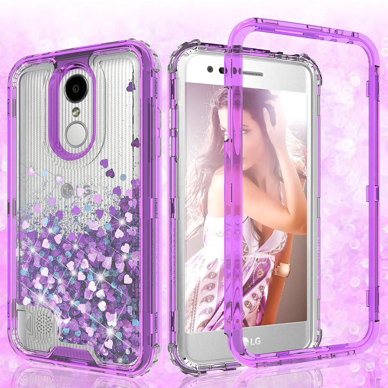 LG Aristo 2 Plus Case, Aristo 2, LG Tribute Dynasty, Rebel 3, Zone 4, LV3 2018 Case,Hard Clear Glitter Sparkle Flowing Liquid Heavy Duty Shockproof Three Layer Protective Bling Girls Women Cases for LG Aristo 2 - Purple