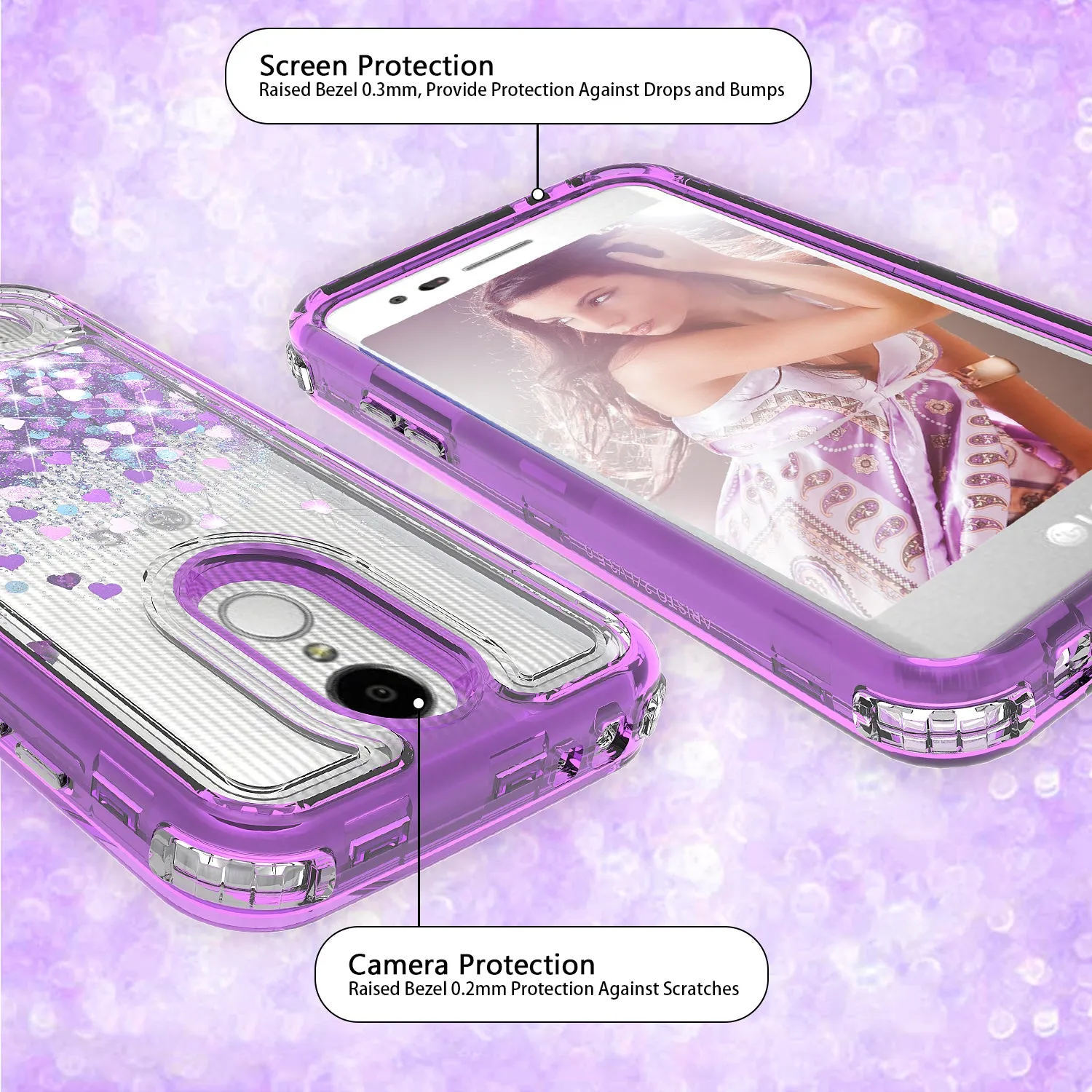 LG Aristo 2 Plus Case, Aristo 2, LG Tribute Dynasty, Rebel 3, Zone 4, LV3 2018 Case,Hard Clear Glitter Sparkle Flowing Liquid Heavy Duty Shockproof Three Layer Protective Bling Girls Women Cases for LG Aristo 2 - Purple