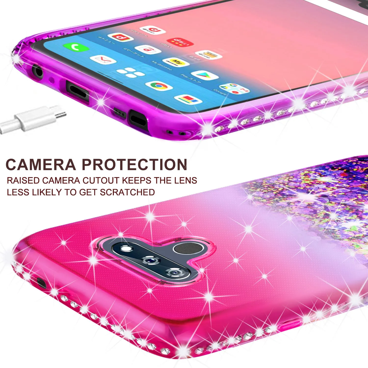 LG Harmony 4 Case, LG K40S Case Liquid Glitter Phone Case Waterfall Floating Quicksand Bling Sparkle Cute Protective Girls Women Cover for LG Harmony 4/LG K40S W/Temper Glass- (Hot Pink/Purple Gradient)