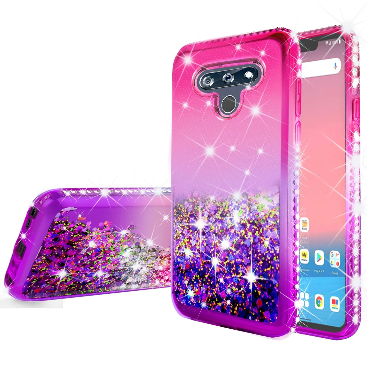 LG Harmony 4 Case, LG K40S Case Liquid Glitter Phone Case Waterfall Floating Quicksand Bling Sparkle Cute Protective Girls Women Cover for LG Harmony 4/LG K40S W/Temper Glass- (Hot Pink/Purple Gradient)