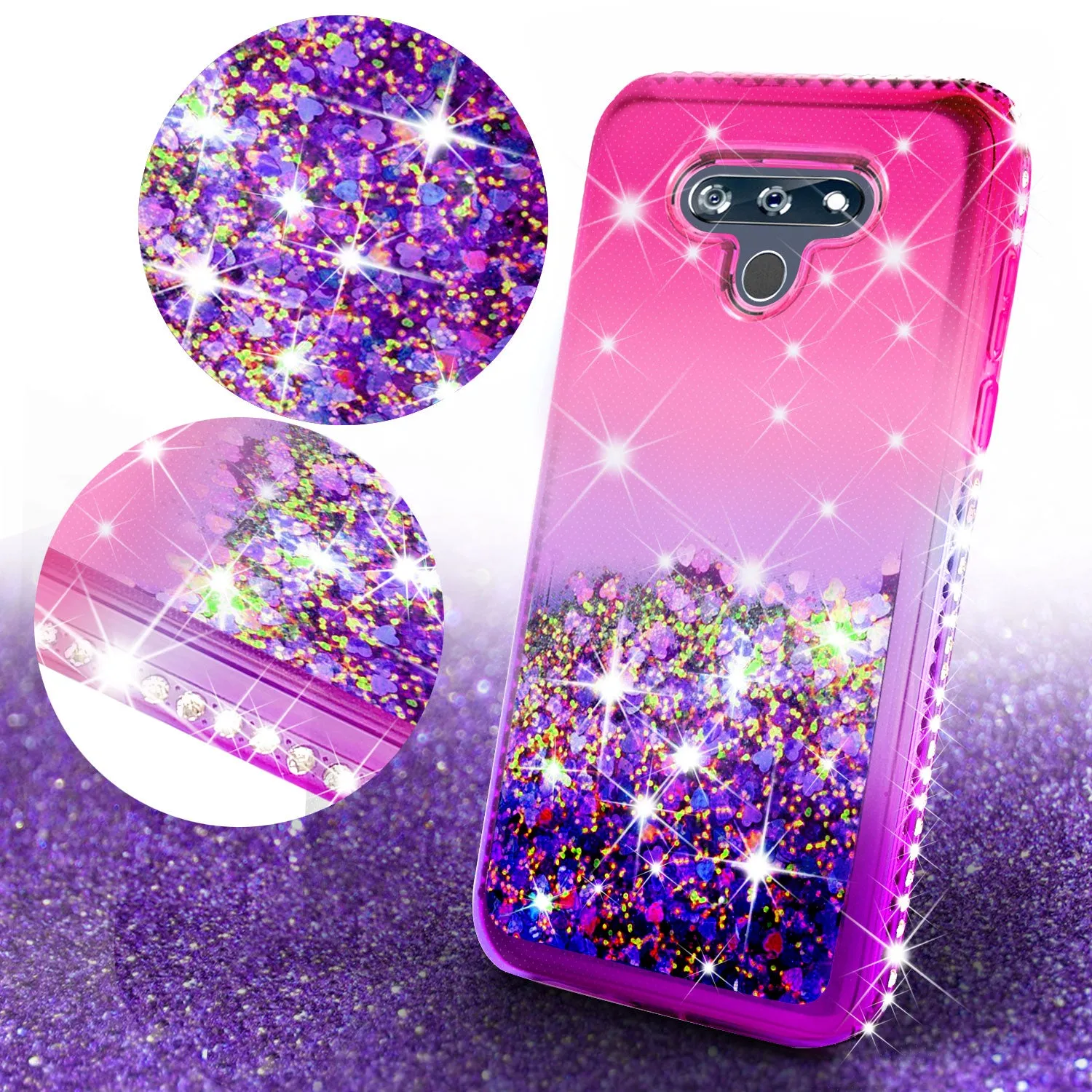LG Harmony 4 Case, LG K40S Case Liquid Glitter Phone Case Waterfall Floating Quicksand Bling Sparkle Cute Protective Girls Women Cover for LG Harmony 4/LG K40S W/Temper Glass- (Hot Pink/Purple Gradient)