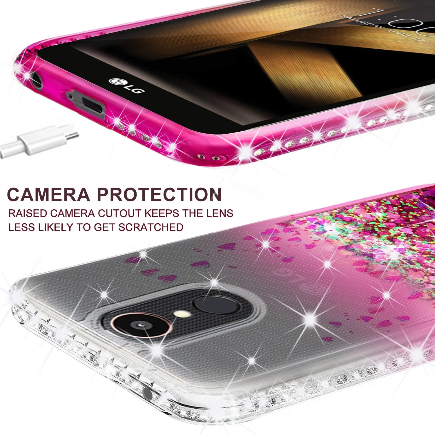 LG K20 Plus Case, LG K20 V, K10 2017, LG Harmony Case Liquid Glitter Phone Case Waterfall Floating Quicksand Bling Sparkle Cute Protective Girls Women Cover for K20 Plus/K20 V/K10 2017/Harmony - Hot Pink