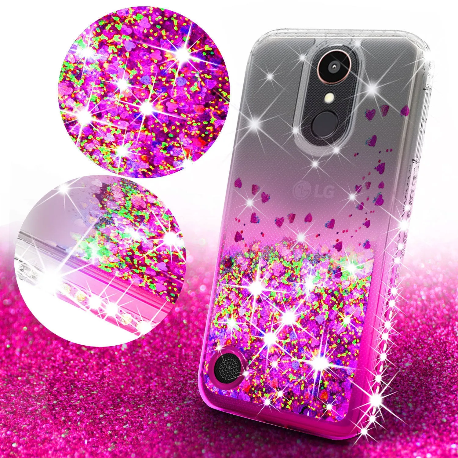 LG K20 Plus Case, LG K20 V, K10 2017, LG Harmony Case Liquid Glitter Phone Case Waterfall Floating Quicksand Bling Sparkle Cute Protective Girls Women Cover for K20 Plus/K20 V/K10 2017/Harmony - Hot Pink